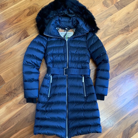 burberry limefield genuine shearling hood puffer coat